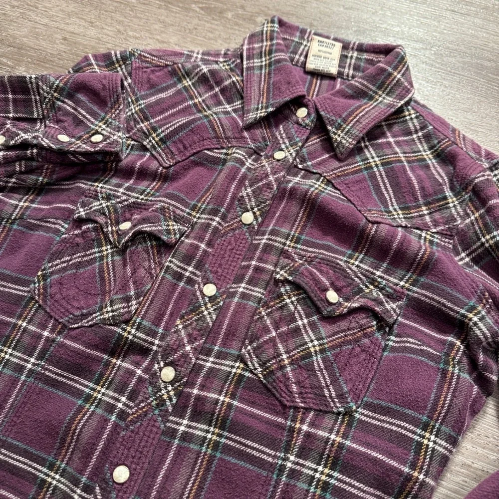 True Religion Western Shirt Mens M Purple Plaid Cotton Flannel Pearl Snap Cowboy
